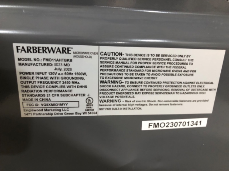 Photo 14 of **PARTS** *DAMAGE* *SEE NOTES* Farberware Countertop Microwave 1.1 Cu. Ft. 1000-Watt