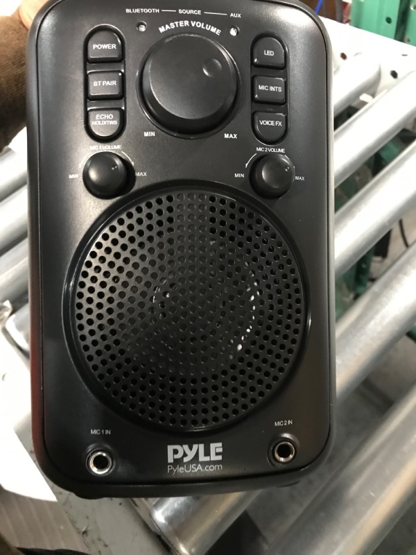 Photo 2 of Pyle 4” Wireless BT Streaming Speaker - Portable Audio Speaker, with Two Microphones and Stand to Put Mobile Phone, 5.0 Bluetooth, Big Bass & Clear Sound, MP3, Classic Karaoke System