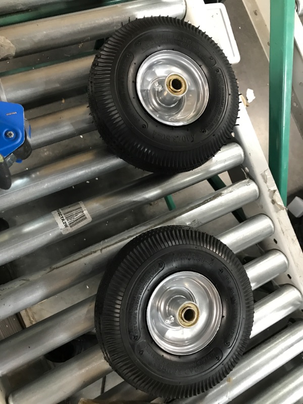 Photo 2 of GICOOL 10" Tire and Wheel, 2 Pack, 4.10/3.50-4 Pneumatic Tire, with 2.25" Offset Hub, 5/8" Axle Bore Hole, Sealed Bearings for Hand Truck Trolley Dolly Garden Wagon Gorilla Cart Wheel Replacement