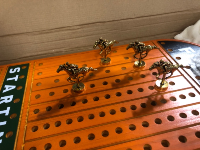 Photo 4 of Horse Race Board Game with 11 Luxurious Durable Classic Metal Horses with 4 Dice and 2 Boxes of Cards Finish Line Horse Racing Game (Walnut)