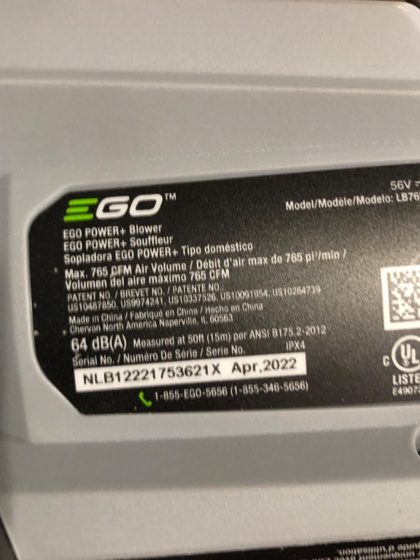 Photo 4 of **FOR PARTS ONLY** DOES NOT POWER ON  EGO Power+ LB7654 765 CFM Variable-Speed 56-Volt Lithium-ion Cordless Leaf Blower 5.0Ah Battery and Charger Included, Black 765 CFM Blower Kit w/ 5.0Ah Battery