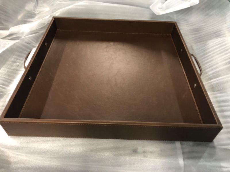 Photo 2 of **OPEN BOX - NEW** Ranslen Square Leather Serving Tray with Handles, 15"x15" Table Trays for Ottoman Coffee Table,  Brown