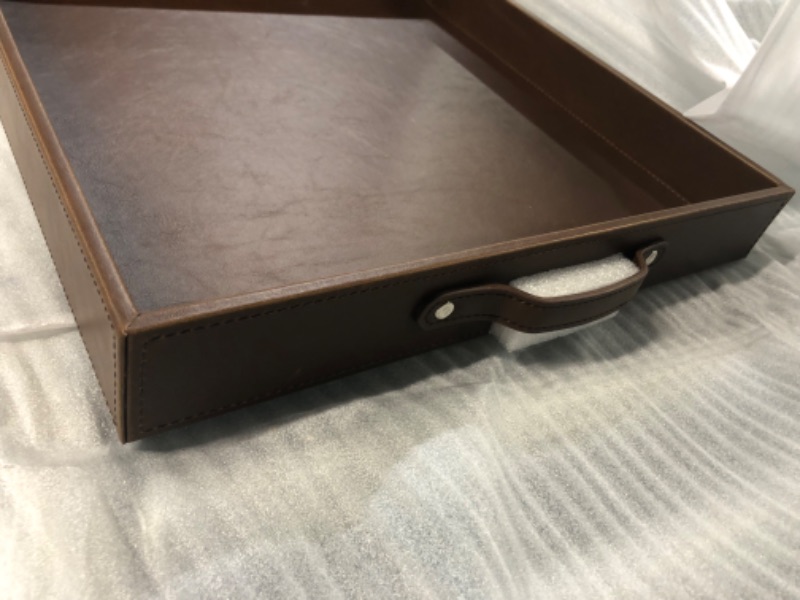 Photo 3 of **OPEN BOX - NEW** Ranslen Square Leather Serving Tray with Handles, 15"x15" Table Trays for Ottoman Coffee Table,  Brown