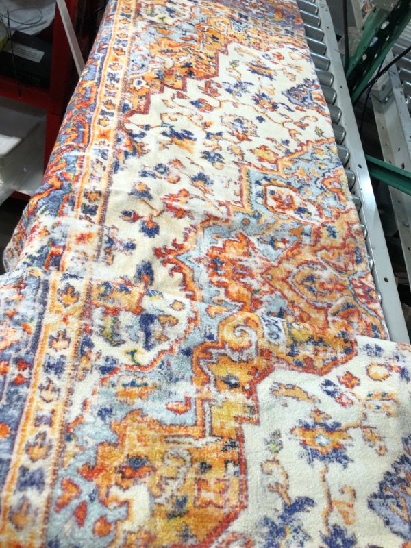 Photo 2 of **NOT IN ORIGINAL PACKAGING** MUJOO Machine Washable Rugs 5'x7 'Living Room Rugs Boho Area Rug for Bedroom Laundry Room Kitchen Non Slip Carpet Abstract Soft Low-Pile Burnt Orange and Blue 5'x7' Orange