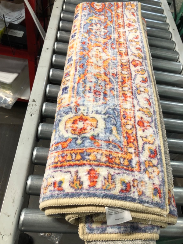 Photo 3 of **NOT IN ORIGINAL PACKAGING** MUJOO Machine Washable Rugs 5'x7 'Living Room Rugs Boho Area Rug for Bedroom Laundry Room Kitchen Non Slip Carpet Abstract Soft Low-Pile Burnt Orange and Blue 5'x7' Orange