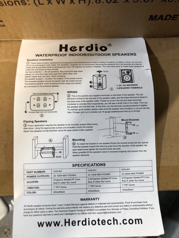 Photo 2 of **COMPLETE SET, NEW, OPEN BOX, UNABLE TO TEST** Herdio Passive Outdoor Speakers Wired Waterproof, 4 Inches 2-Way 400W Wall Mounted Speakers with Dome Tweeter, All-Weather Durability, for Patio Porch Backyard (2Pairs, Black)