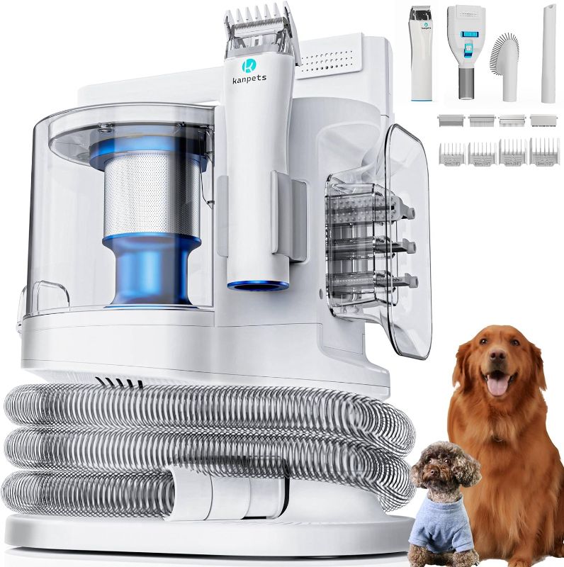 Photo 1 of **LIKE NEW, OPEN BOX, TESTED-POWERED ON** kanpets Dog Grooming Kit Vacuum with Max 3.4L Dustbin, Hyper Powerful Suction & Low Noise Pet Hair Clipper Kit, 4 Grooming Tools, Ideal for Medium or Long Hair Dogs, Cats Pets Shedding (White)