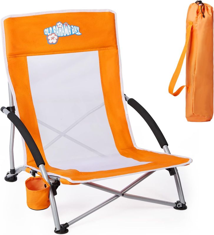 Photo 1 of **LIKE NEW, CARRYING BAG HAS SMALL HOLE** Old Bahama Bay Low Beach Camping Folding Chair with Cup Holder & Carry Bag Compact ORANGE