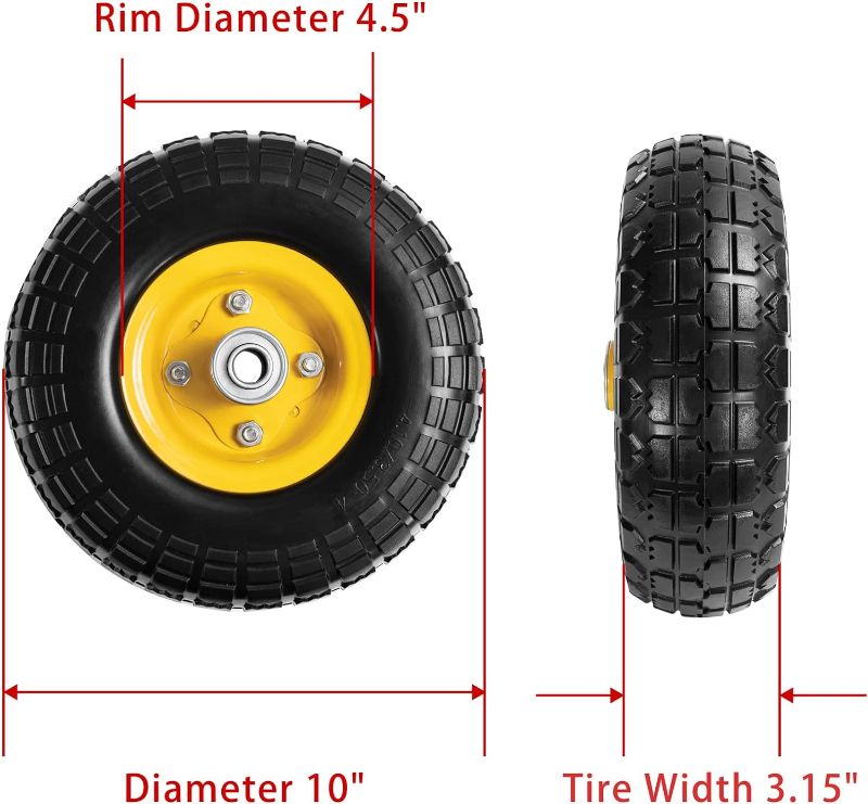 Photo 1 of ** LIKE NEW, PREVIOUSLY OPENED** Parts Camp 4.10/3.50-4 tire and wheel flat free, 10" Solid Tire Wheel Garden Cart Wheels Wheelbarrow Wheels For Trailer/dolly/Dump Cart/Hand Truck/Wagon with 5/8" Bearings 2.1" Offset Hub(2 Pack)