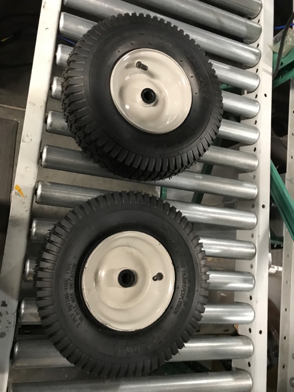 Photo 2 of (ONE OF THEM IS FLAT) DOUBLE BRIDGE 2 Pack 13x5.00-6 Lawn Tractor Pneumatic Wheel,Wheelbarrow tire Turf Tread,3.075" hub Length with Steel Rim,Flange ID 0.76''