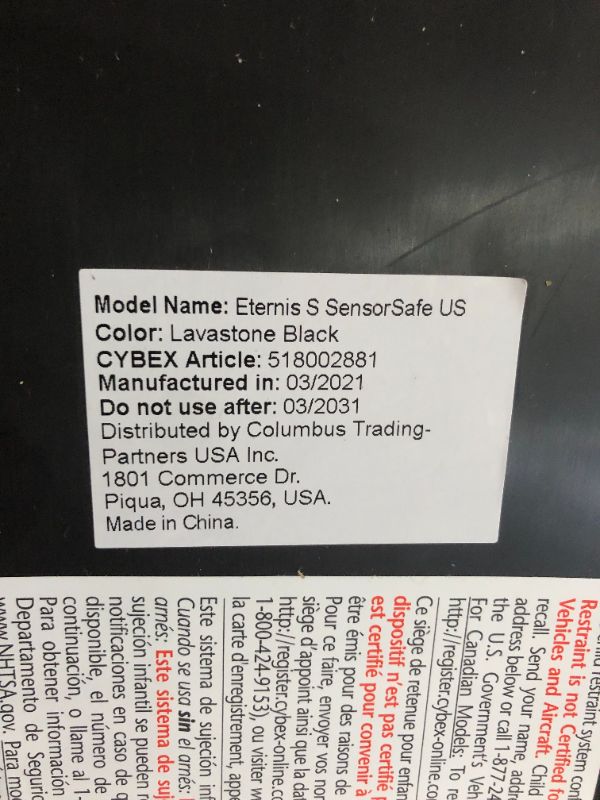 Photo 7 of (used and dirty) CYBEX Eternis S with SensorSafe, Convertible Car Seat for Birth Through 120 Pounds, Up to 10 Years of Use, Chest Clip Syncs with Phone for Safety Alerts, Toddler & Infant Car Seat, Lavastone Black