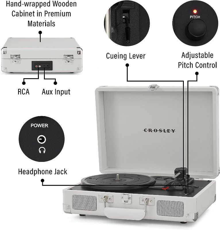 Photo 1 of Crosley CR8005F-WS Cruiser Plus Vintage 3-Speed Bluetooth in/Out Suitcase Vinyl Record Player Turntable, White Sand Bluetooth In/Out White Sand