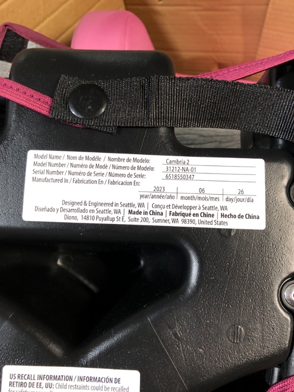 Photo 2 of Diono Cambria 2 XL 2022, Dual Latch Connectors, 2-in-1 Belt Positioning Booster Seat, High-Back to Backless Booster with Space and Room to Grow, 8 Years 1 Booster Seat, Pink NEW! Pink