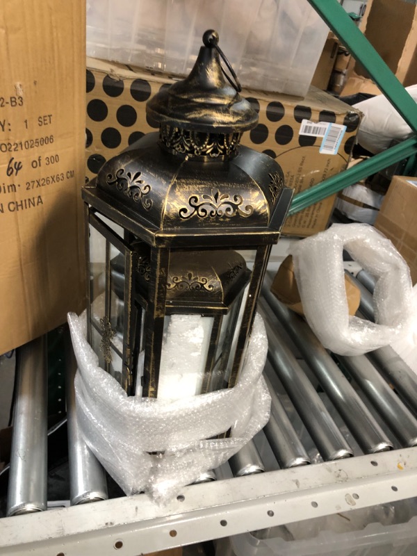 Photo 3 of  *SEE NOTES* JHY DESIGN Set of 3 Decorative Candle Lanterns 20.5''&14"&10" H Outdoor Candle Lanterns Vintage Metal Cand leholder for Indoor Outdoor, Events, Parities and Weddings(Black with Gold Brush) Black Set of 3 20.5''&14"&10" H