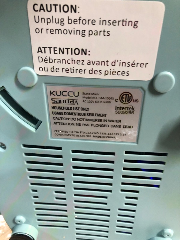 Photo 2 of **SEE NOTES/DAMAGED***
KUCCU Stand Mixer, 6.5 Qt 660W, 6-Speed Tilt-Head Food Dough Mixer, Kitchen Electric Mixer with Stainless Steel Bowl,Dough Hook,Whisk, Beater, Egg white separator (6.5-QT, Blue) 6.5-QT Blue