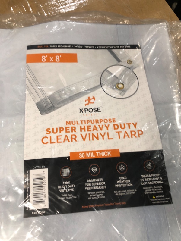 Photo 2 of 8' x 8' Clear Vinyl Tarp - 30 Mil Super Heavy Duty Transparent Waterproof PVC Tarpaulin with Brass Grommets - for Patio Enclosure, Temporary Wall, Camping, Tent Cover, Canopy - by Xpose Safety 8 Feet x 8 Feet 30 Mil