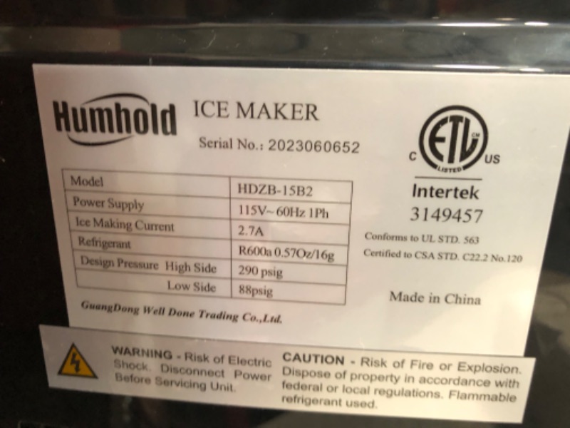 Photo 4 of ***POWERS ON - UNABLE TO TEST FURTHER***
Humhold Portable Nugget Ice Maker CounterTop, 33Lbs/24Hrs Chewable Pebble Ice 