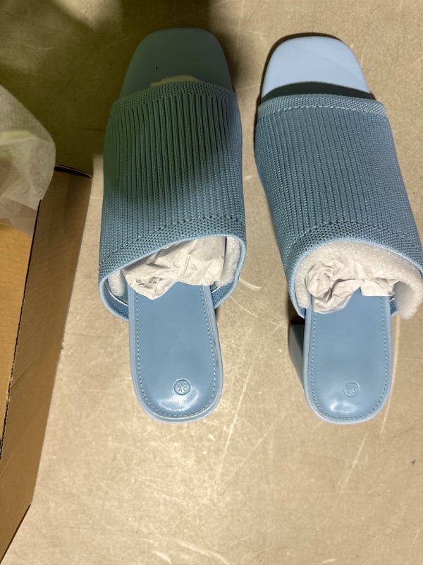 Photo 2 of ***USED LIKE NEW***Rilista Women's Open Toe Heeled Mules Block Heels Sandals Knit Chunky Square Heels Slip On Breathable Slides Sandal (Blue) 9.5