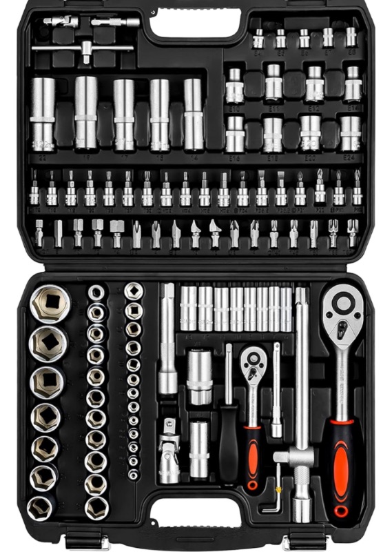 Photo 1 of **MISSING SOCKETS AND SMALLER RATCHET DAMAGED/MISSING 108Piece Socket Wrench And Metric 1/4 And 1/2 Drive Socket Set, Extension Bars, 