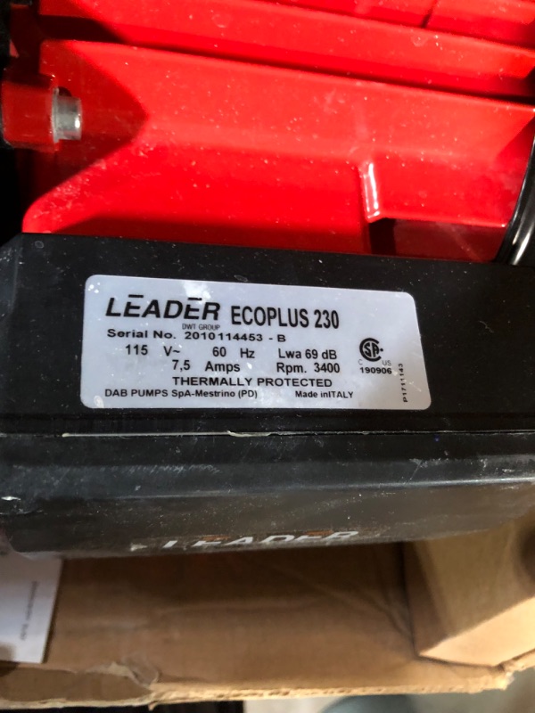 Photo 2 of [READ NOTES]
Leader Pumps HGC727960 Ecoplus 230-1/2 HP Horizontal Multistage Pump, 115V-CSA Listed, Red/Black