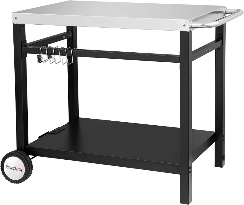 Photo 1 of ***READ NOTES***Gourmet Double Shelf Movable Dining Cart Work Table with Handle Outdoor Kitchen Prep Trolley Storage Silver Casual Steel Towel Rack
