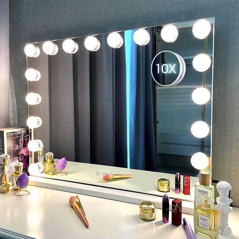 Photo 1 of (READ NOTES) MISAVANITY Hollywood Makeup Vanity Mirror with Lights, 28"x23" Large Lighted Bedroom Mirror with 18 Dimmable Bulbs and USB Charge Port, 3 Color Mode, Touch Screen, Sturdy Base. Tabletop/Wall Mount White