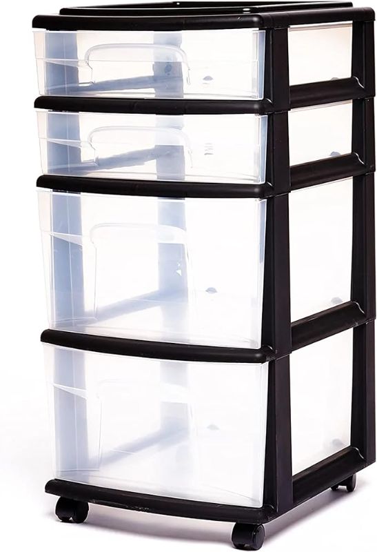 Photo 1 of (READ NOTES) Homz Plastic 4 Clear Drawer Medium Home Organization Storage Container Tower with 2 Large Drawers and 2 Small Drawers, Black Frame