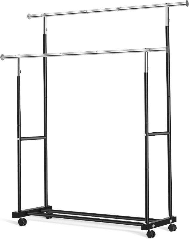 Photo 1 of **Missing item**VICERII Double Clothing Rack, 55.51 Inch Garment Rack with Wheels and Bottom Shelf, 130LB Capacity Heavy Duty Rolling Clothes RacksBlack