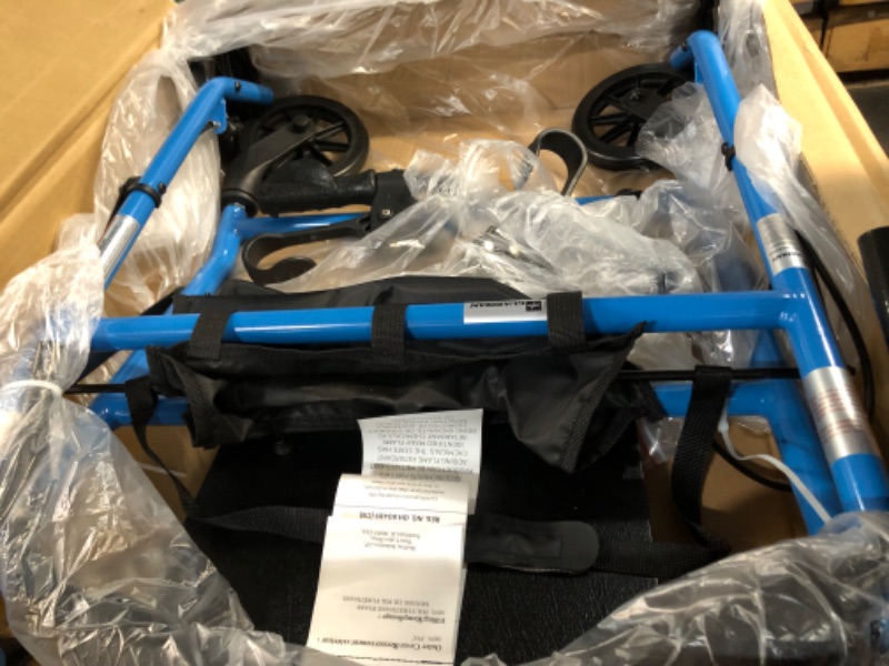 Photo 2 of Medline Mobility Lightweight Folding Steel Rollator Walker with 6-inch Wheels, Adjustable Seat and Arms, Light Blue