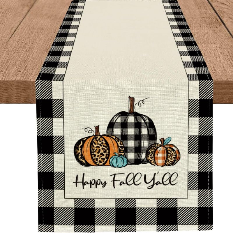 Photo 1 of WHOMEAF Happy Fall Y'all Burlap Table Runner Buffalo Check Plaid Pumpkin Farmhouse Table Runners Autumn Seasonal Table Center Decor for Home Kitchen Dining Party Holidays Wedding in/Outdoor(13x90in)