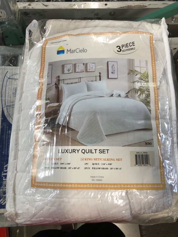 Photo 2 of **USED**
MarCielo 3-Piece 100% Cotton Oversized Bedspread Set Coverlet Set Lightweight Quilt Set Stitching Farmhouse Bedding Set (King (118"x106"), White