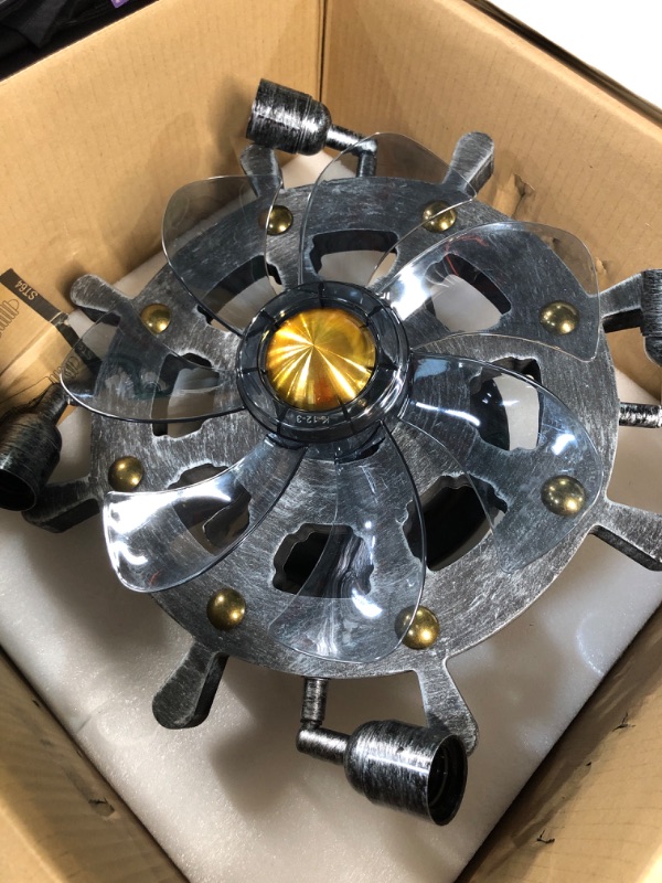 Photo 1 of Retusior Flush Mount Boho Ceiling Fan with Lights Remote Control, Low Profile Farmhouse Wooden Antique Ceiling Fans Light, 7 Blades 6 Speeds Reversible Quiet Ceiling Fans. Antique Silver