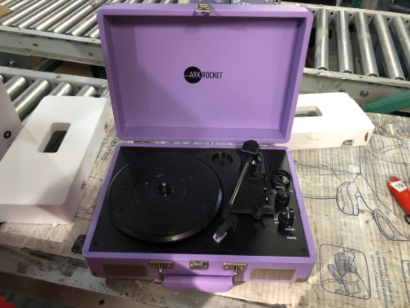 Photo 2 of Arkrocket Curiosity Bluetooth Turntable Retro Suitcase 3-Speed Record Player with Built-in Speakers (Lavender)