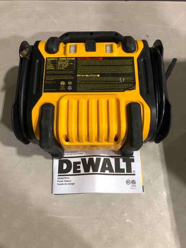 Photo 4 of DEWALT DXAEPS14 1600 Peak Battery Amp 12V Automotive Jump Starter/Power Station with 500 Watt AC Power Inverter, 120 PSI Digital Compressor, and USB Power , Yellow