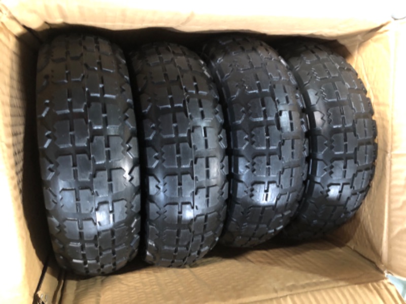 Photo 2 of 4 Pcs 10" Flat Free Tires Solid Non-inflated Tires Wheels, 4.10/3.50-4 Tire with 5/8 Ball Bearings, 2.24" Offset Hub for Wheelbarrow 4Pcs 10In 4.10/3.50-4