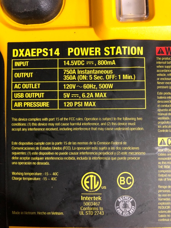 Photo 4 of DEWALT DXAEPS14 1600 Peak Battery Amp 12V Automotive Jump Starter/Power Station with 500 Watt AC Power Inverter, 120 PSI Digital Compressor, and USB Power , Yellow