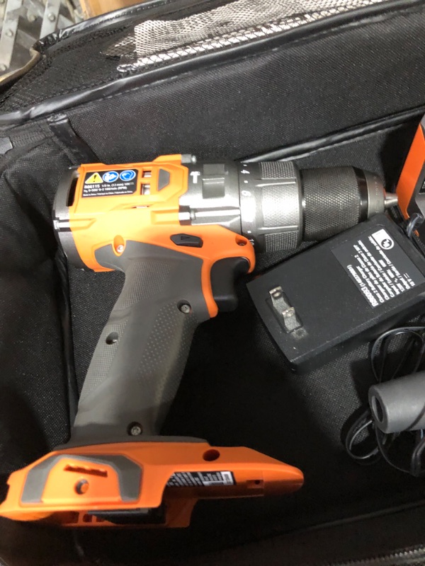 Photo 5 of * used item * missing battery 
RIDGID 18V Brushless Cordless 1/2 in. Hammer Drill/Driver Kit with 4.0 Ah MAX Output Battery, 18V Charger, and Tool Bag