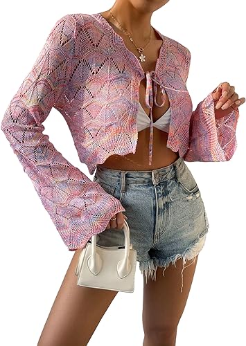 Photo 1 of Cozyease Women's Ribbed Knit Tie Dye V Neck Long Flounce Sleeve Tie Front Crop Tops Cardigan
