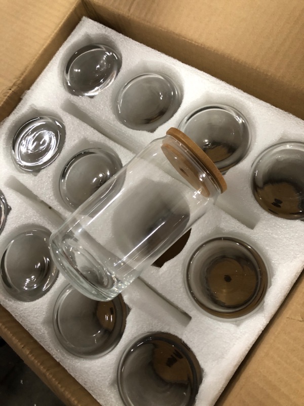 Photo 3 of [ 12pcs Set ] Glass Cups with Bamboo Lids and Glass Straw - Beer Can Shaped Drinking Glasses, 16 oz Iced Coffee Glasses, Cute Tumbler Cup for Smoothie, Boba Tea, Whiskey, Water - 4 Cleaning Brushes
