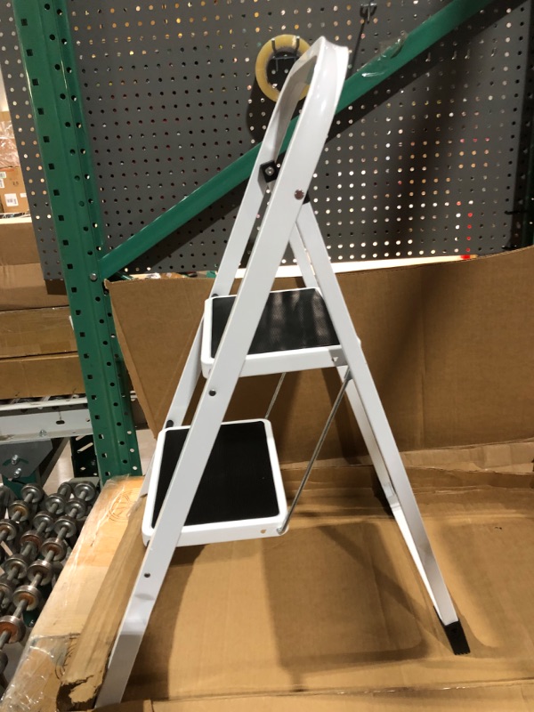 Photo 3 of 2 Step Ladder, Lightweight Folding Step Stools for Adults with Anti-Slip Pedal, Portable Sturdy Steel Ladder with Handrails, Perfect for Kitchen & Household, 330 lbs Capacity, White White 2 Step