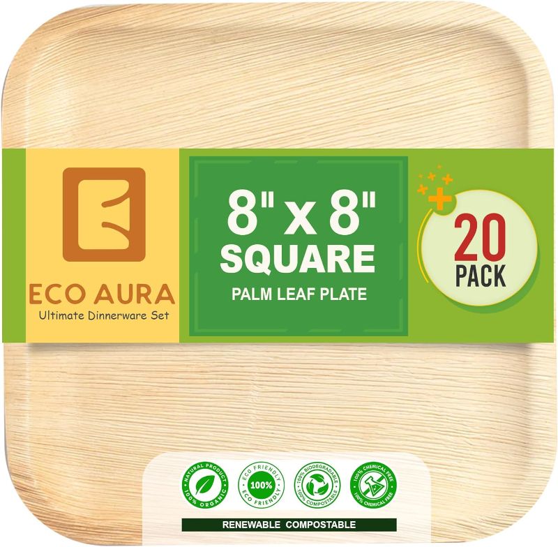 Photo 1 of (2 PACK) ECO SOUL Presents Compostable Natural Palm Leaf Plates. Biodegradable, disposable, and like bamboo plates. Perfect for Parties, Weddings, and Events. (20, 8 Inche Square) *stock image reference only
