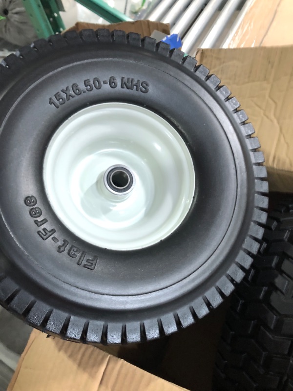 Photo 3 of 2-Pack 15x6.50-6 Flat-Free Tire with Rim,3"Centered Hub with 3/4" Ball Bearing,w/Grease Fitting?500lbs Capacity,15x6.50x6 No-Flat Solid Rubber Turf Wheel,for Riding Lawn mower,Garden Cart