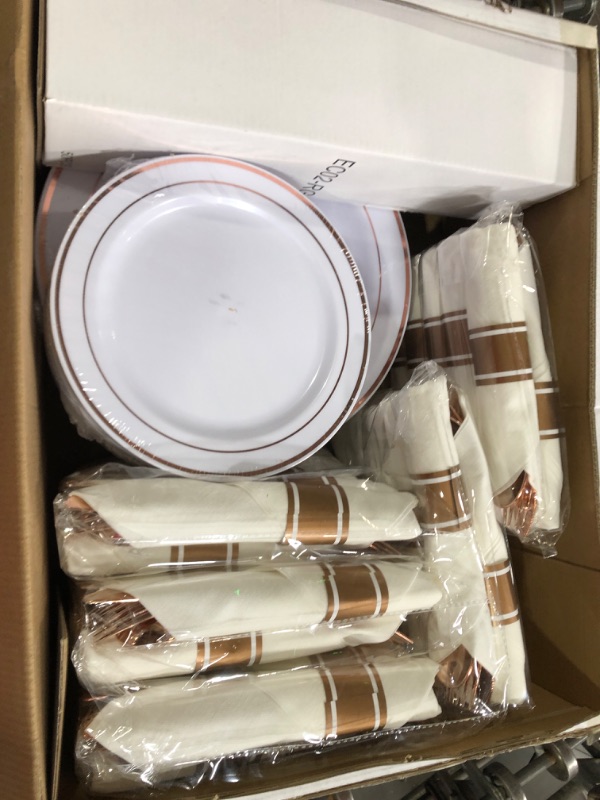 Photo 2 of WELLIFE 350 Pieces Rose Gold Plastic Dinnerware, 50 Guests Disposable Plates with Rose Gold silverware and Cups 9 OZ, 50 Pre Rolled Napkins with Rose Gold Cutlery, Perfect for Wedding