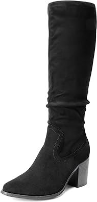 Photo 1 of DREAM PAIRS Women's Knee-High Boots, Comfortable Chunky Block Heel Pointed Toe Pull On Side Zipper Suede Slouch Riding Boots
