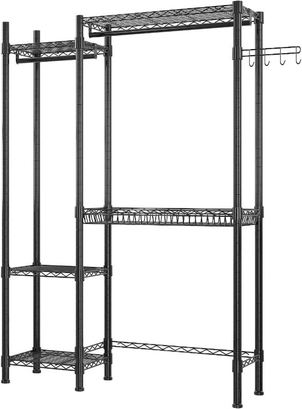 Photo 1 of Over The Washer and Dryer Storage Shelf - Heavy Duty Garment Rack - Laundry Room Clothes Drying Rack - Height Adjustable Shelving Unit - 4 Storage Shelves, 2 Hanging Rods, Wire Basket, Hooks - Black
