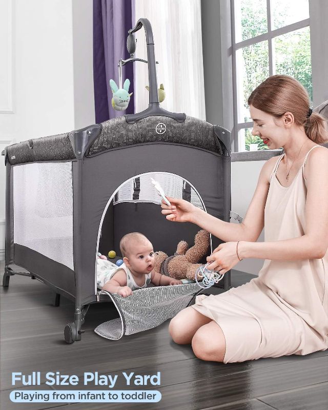 Photo 1 of ADOVEL Baby Bassinet Bedside Crib, Pack and Play with Mattress, Diaper Changer and Playards from Newborn to Toddles, Grey
