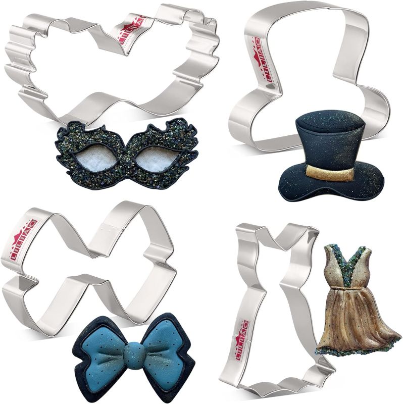 Photo 1 of (USED) LILIAO Cocktail Party Cookie Cutter Set - 4 Piece - Party Mask, Wedding Dress, Men's Top Hat and Bow Tie Biscuit Cutters
