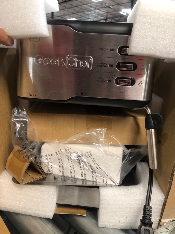 Photo 3 of (FOR PARTS ONLY) Geek Chef Espresso Machine 20 Bar, Cappuccino latte Maker Coffee Machine with ESE POD capsules filter&Milk Frother Steam Wand, 1.5L Water Tank, for Home Barista, Stainless steel 950W, Grey