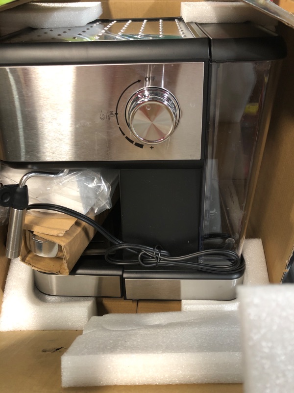 Photo 2 of (FOR PARTS ONLY) Geek Chef Espresso Machine 20 Bar, Cappuccino latte Maker Coffee Machine with ESE POD capsules filter&Milk Frother Steam Wand, 1.5L Water Tank, for Home Barista, Stainless steel 950W, Grey