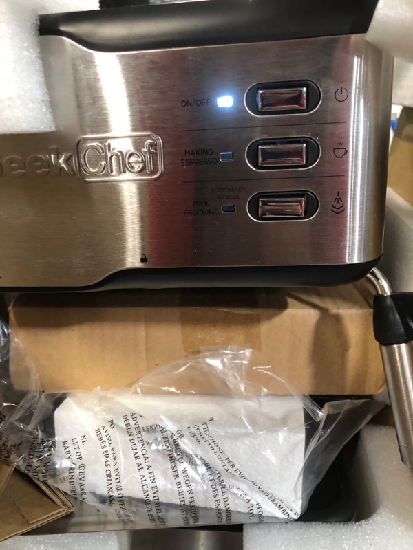 Photo 4 of (FOR PARTS ONLY) Geek Chef Espresso Machine 20 Bar, Cappuccino latte Maker Coffee Machine with ESE POD capsules filter&Milk Frother Steam Wand, 1.5L Water Tank, for Home Barista, Stainless steel 950W, Grey